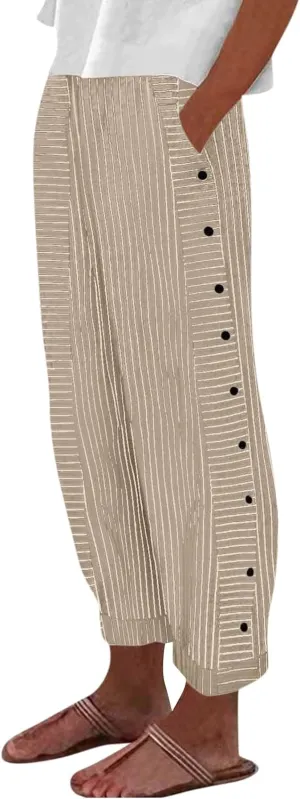 Pants for Women, Stripe Peasant Pants Casual Straight Leg Linen Plaid Trendy