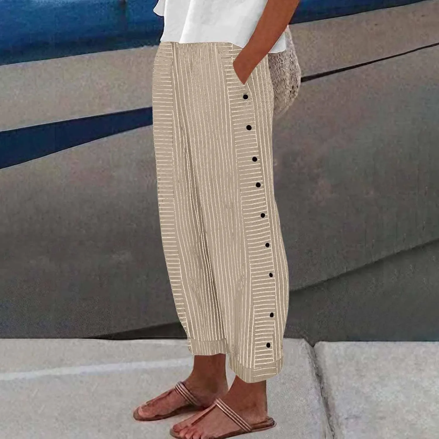 Pants for Women, Stripe Peasant Pants Casual Straight Leg Linen Plaid Trendy