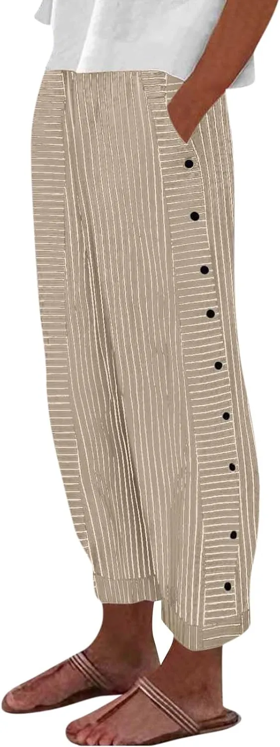 Pants for Women, Stripe Peasant Pants Casual Straight Leg Linen Plaid Trendy