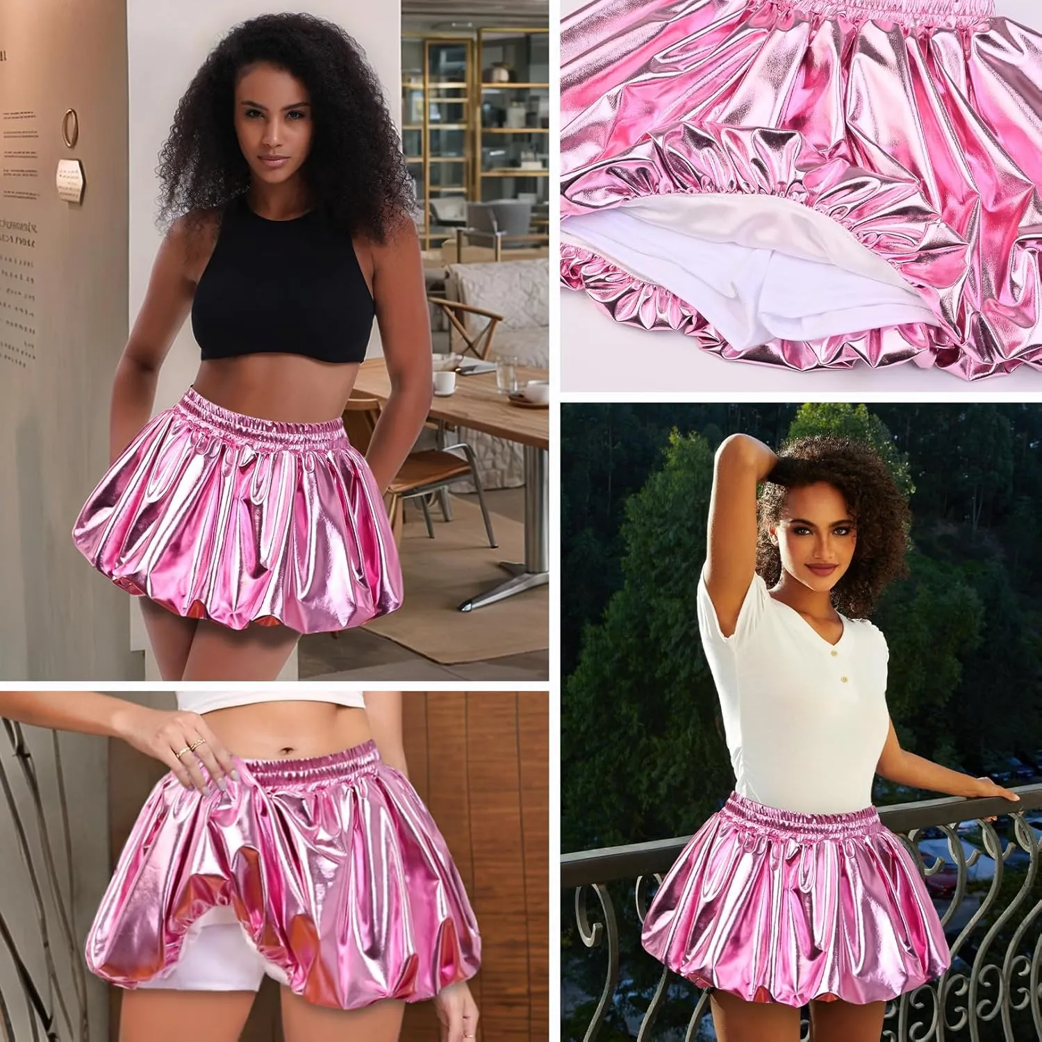 Perfashion Bubble Skirt for Women Metallic Puff Balloon Mini Skorts Rave Sexy Club Outfits with Shorts