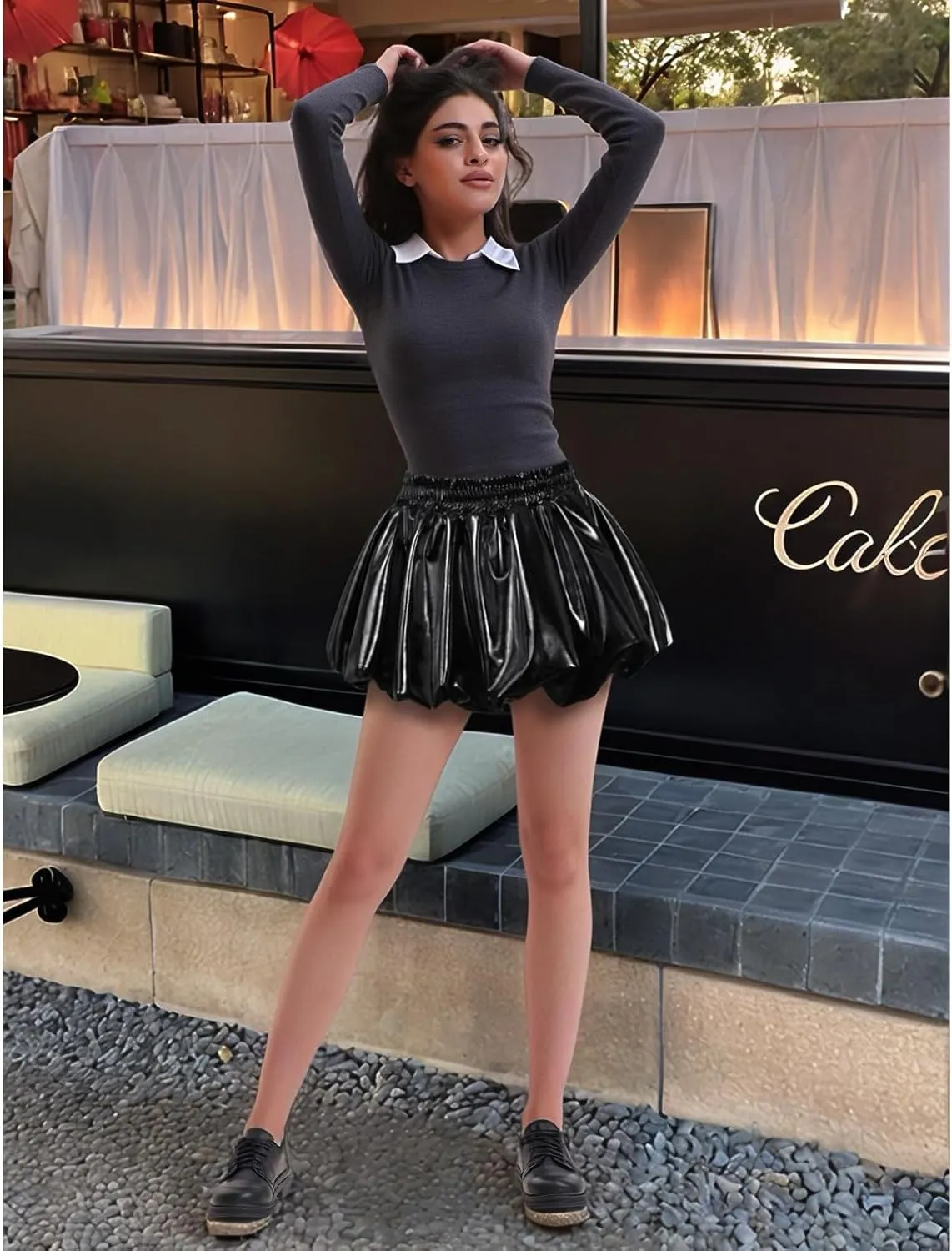 Perfashion Bubble Skirt for Women Metallic Puff Balloon Mini Skorts Rave Sexy Club Outfits with Shorts