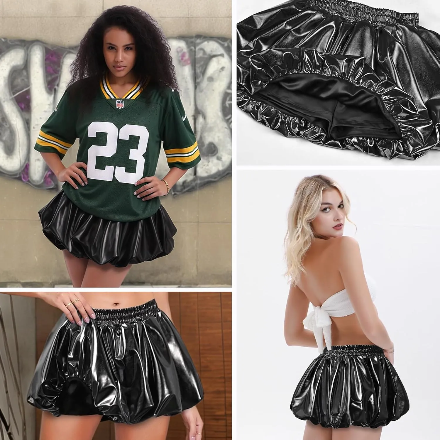 Perfashion Bubble Skirt for Women Metallic Puff Balloon Mini Skorts Rave Sexy Club Outfits with Shorts