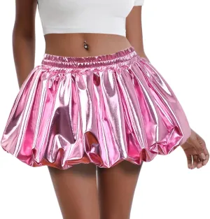 Perfashion Bubble Skirt for Women Metallic Puff Balloon Mini Skorts Rave Sexy Club Outfits with Shorts