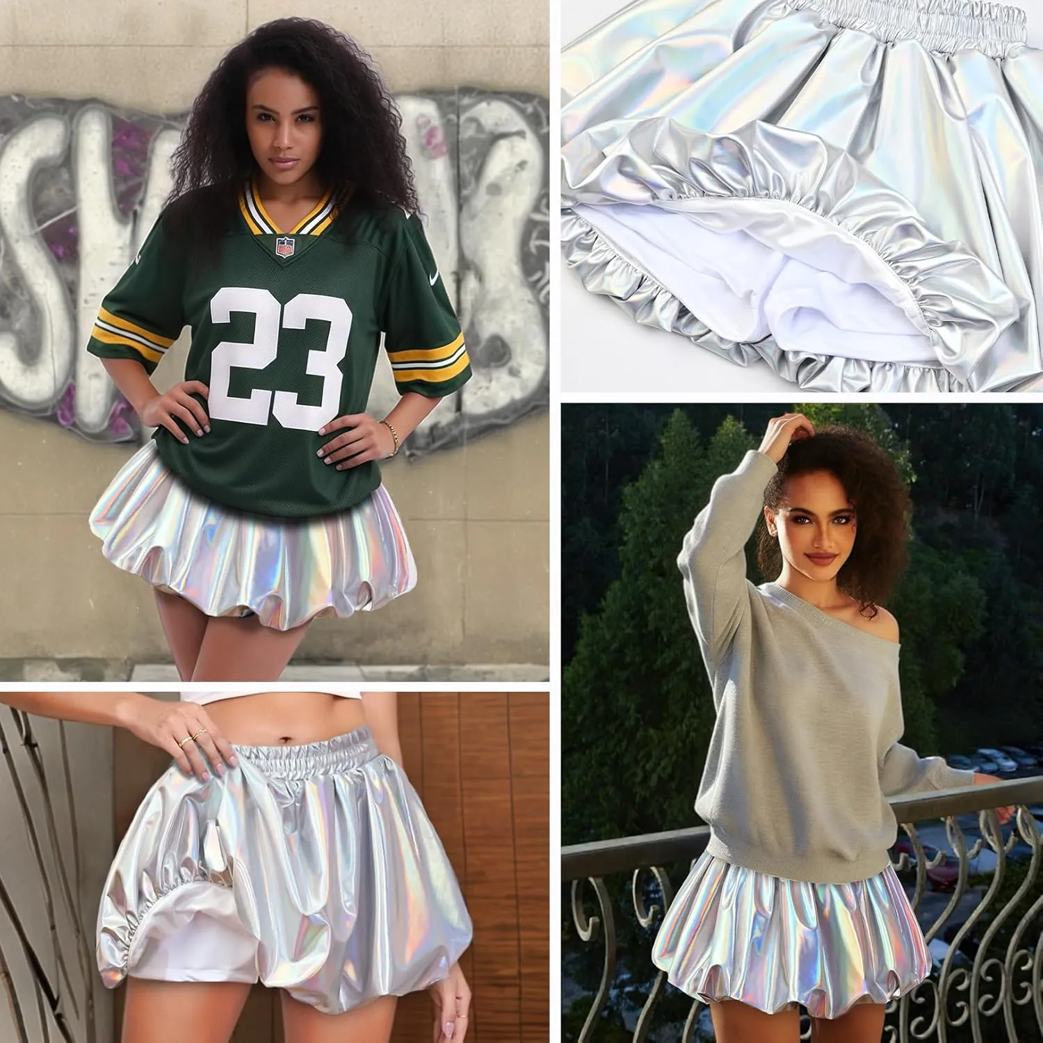 Perfashion Bubble Skirt for Women Metallic Puff Balloon Mini Skorts Rave Sexy Club Outfits with Shorts