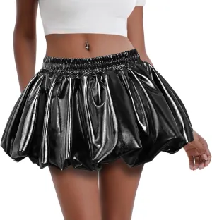 Perfashion Bubble Skirt for Women Metallic Puff Balloon Mini Skorts Rave Sexy Club Outfits with Shorts
