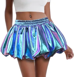 Perfashion Bubble Skirt for Women Metallic Puff Balloon Mini Skorts Rave Sexy Club Outfits with Shorts