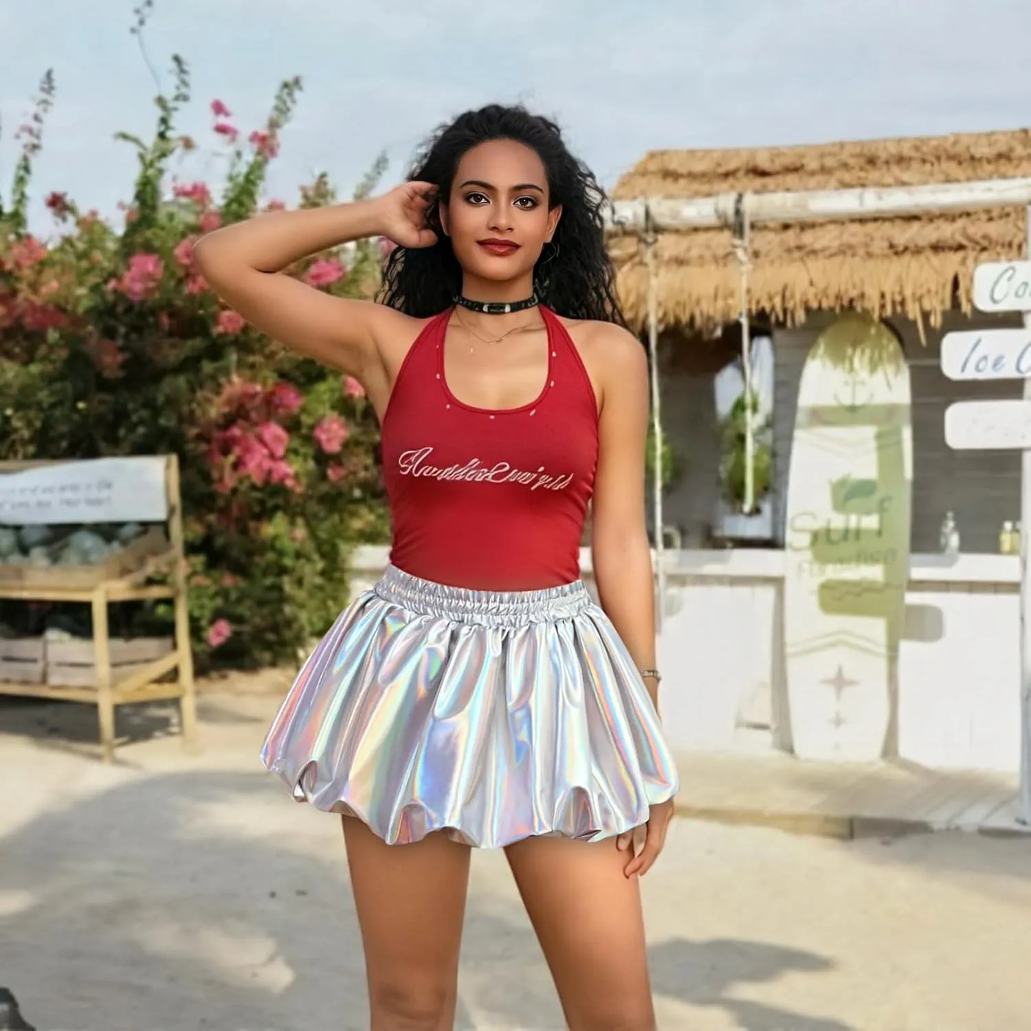 Perfashion Bubble Skirt for Women Metallic Puff Balloon Mini Skorts Rave Sexy Club Outfits with Shorts