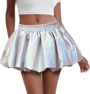 Perfashion Bubble Skirt for Women Metallic Puff Balloon Mini Skorts Rave Sexy Club Outfits with Shorts