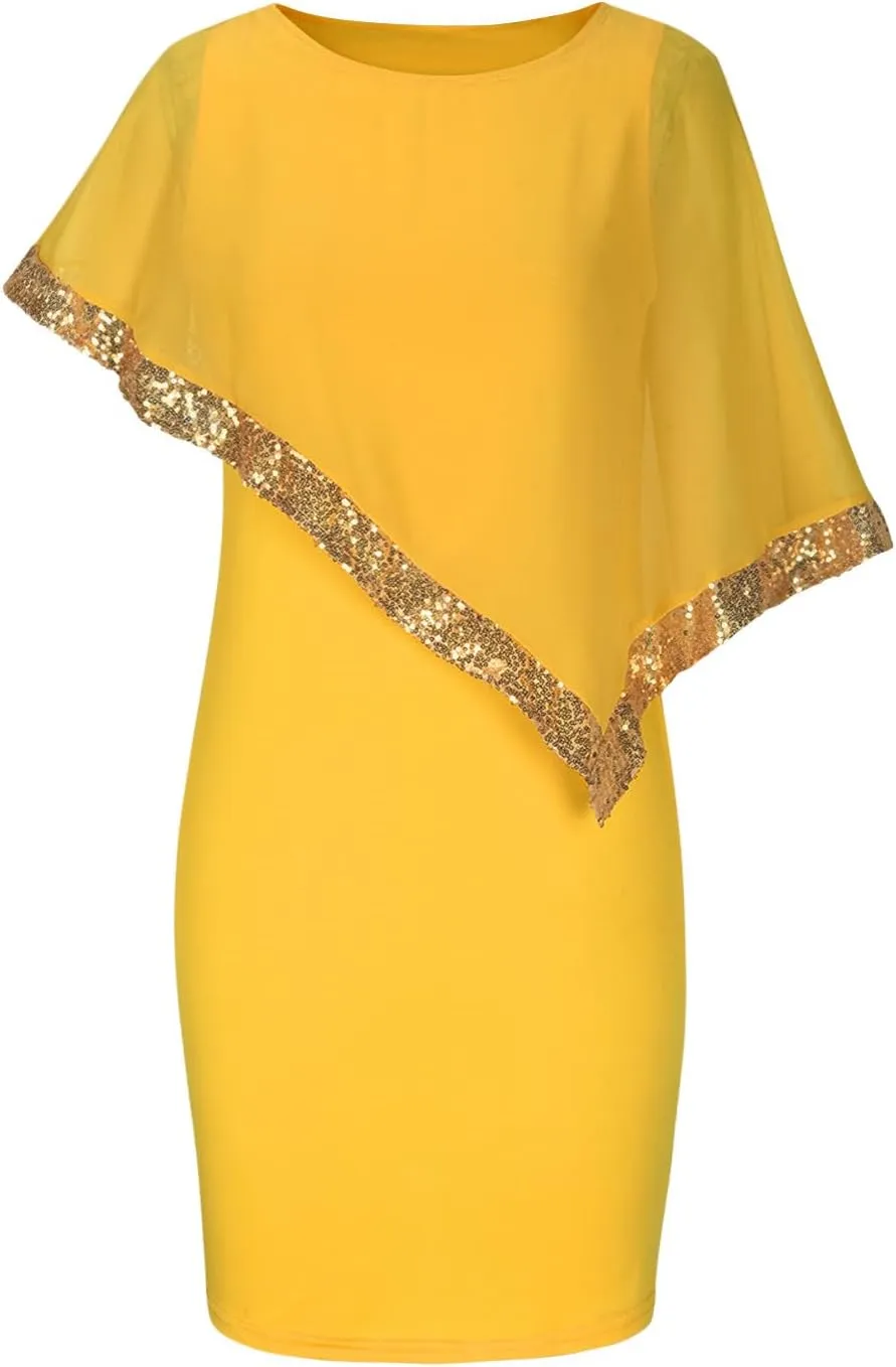 Plus Size Cape Dresses for Women with Metallic Trim Chiffon Overlay Bodycon Pencil Dress Wedding Cocktail Party Dress