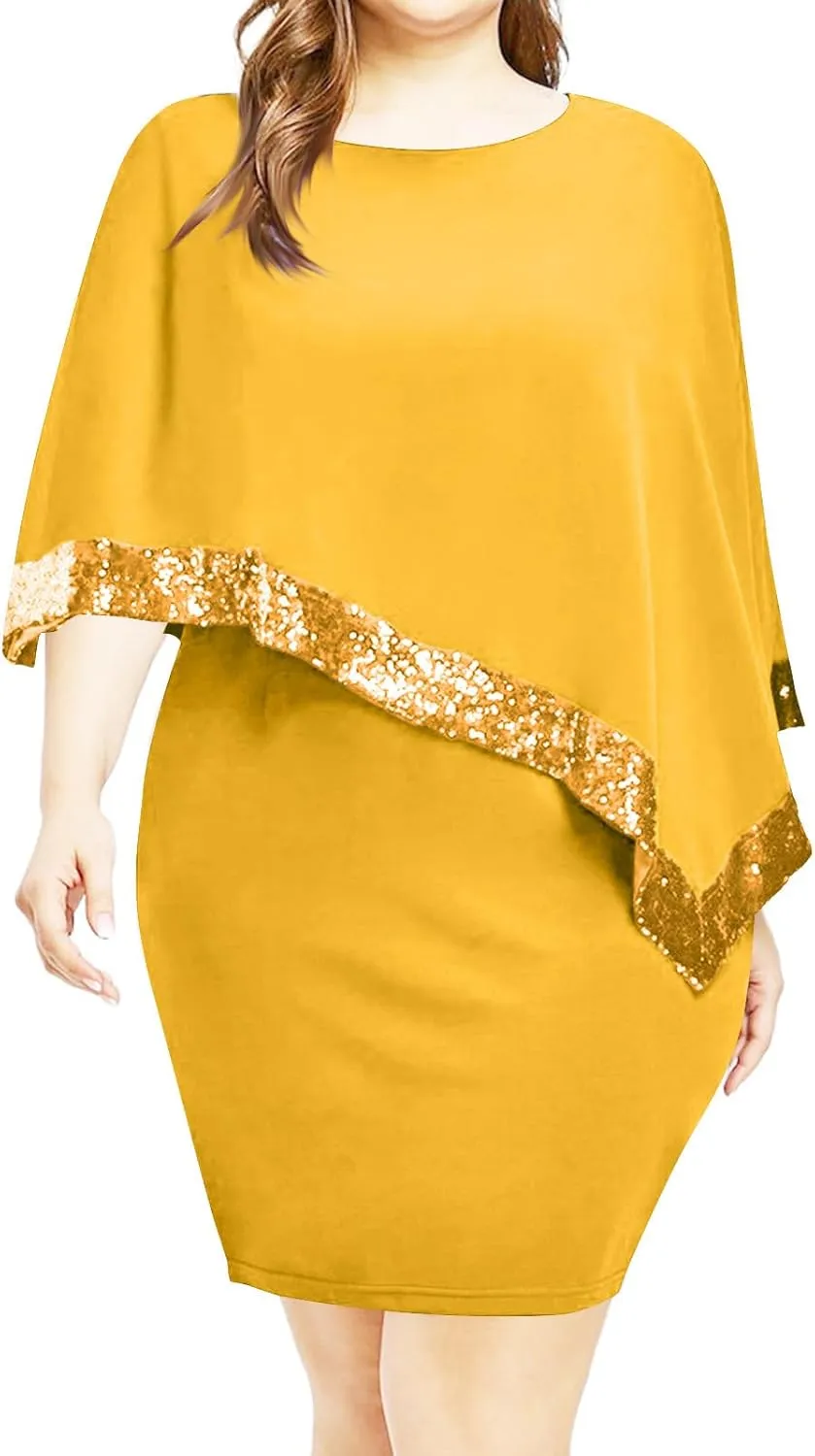 Plus Size Cape Dresses for Women with Metallic Trim Chiffon Overlay Bodycon Pencil Dress Wedding Cocktail Party Dress