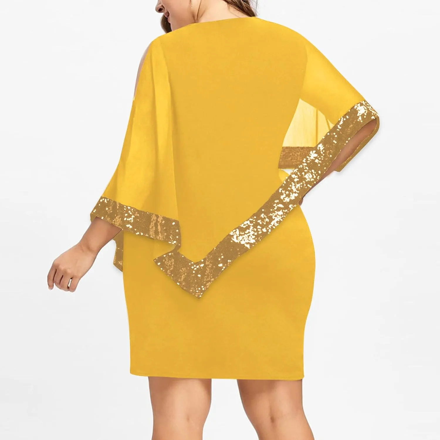 Plus Size Cape Dresses for Women with Metallic Trim Chiffon Overlay Bodycon Pencil Dress Wedding Cocktail Party Dress