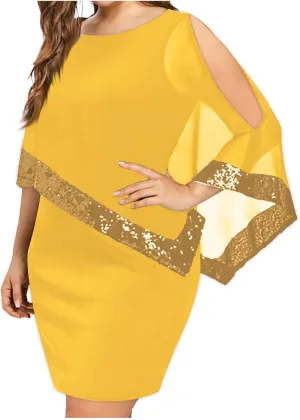 Plus Size Cape Dresses for Women with Metallic Trim Chiffon Overlay Bodycon Pencil Dress Wedding Cocktail Party Dress