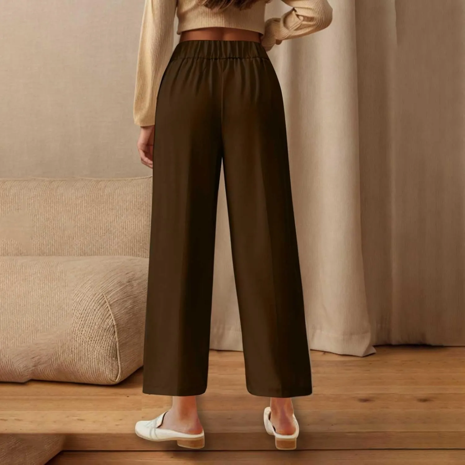 Plus Size Womens Palazzo Pants Wide Leg High Waist Elastic Button Pleated Business Work Lounge Trousers with Pockets
