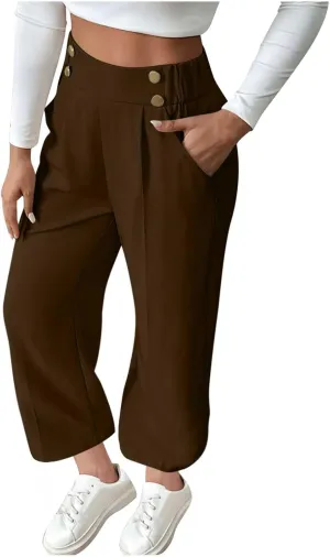 Plus Size Womens Palazzo Pants Wide Leg High Waist Elastic Button Pleated Business Work Lounge Trousers with Pockets