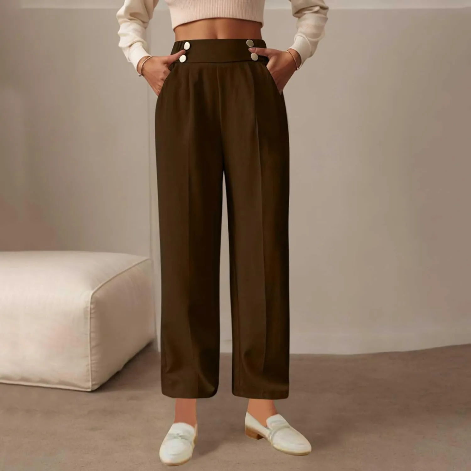 Plus Size Womens Palazzo Pants Wide Leg High Waist Elastic Button Pleated Business Work Lounge Trousers with Pockets