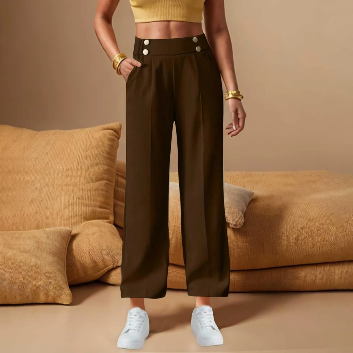 Plus Size Womens Palazzo Pants Wide Leg High Waist Elastic Button Pleated Business Work Lounge Trousers with Pockets