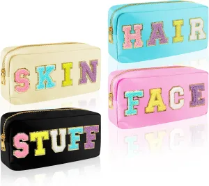 Preppy Chenille Letter Makeup Bag,Nylon Zipper Waterproof Preppy Stuff Bag,Cosmetic Travel Organizer Bag for Women Teen GirlPink,Blue,White,Black4 Pcs