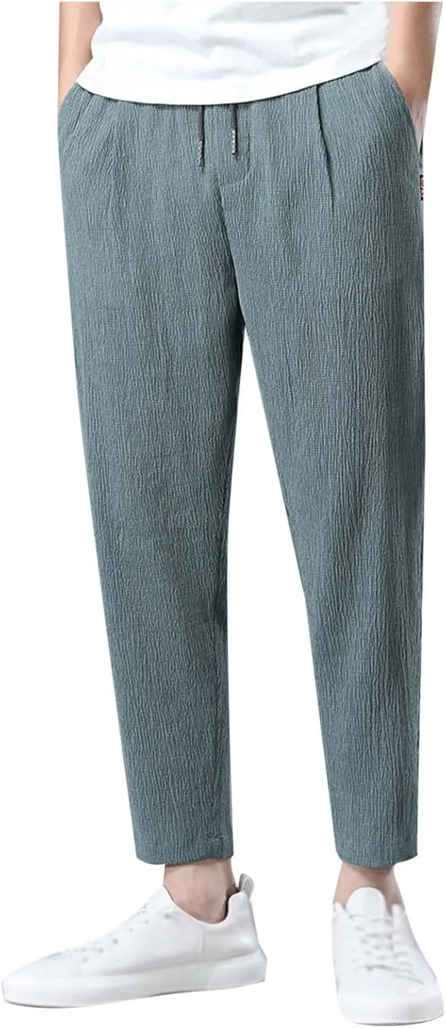 PTOLOCIF Men's Linen Pants Loose Fit Dressy Pant Elastic Drawstring Waist Pants Straight-Legs Summer Yoga Beach Long Trousers