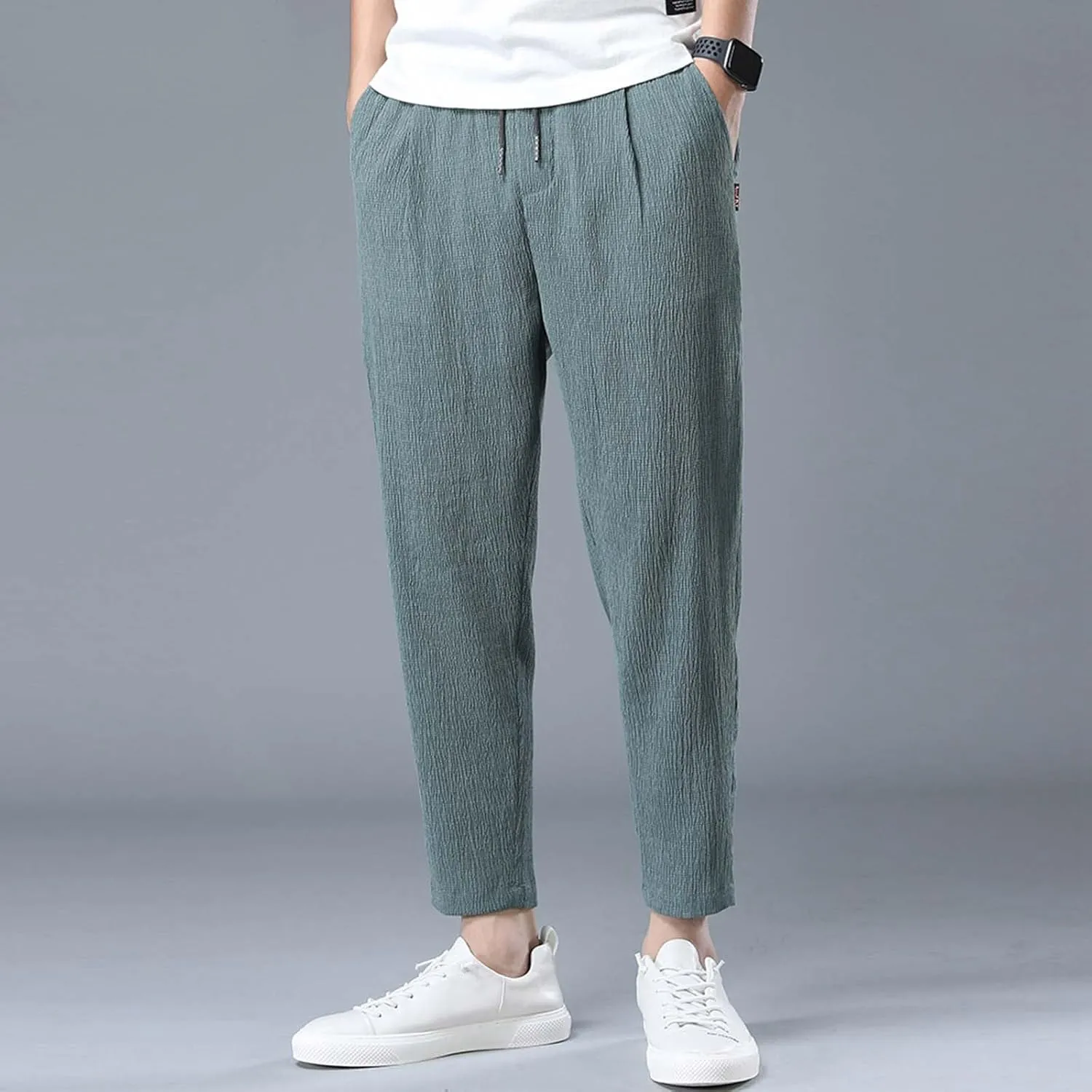 PTOLOCIF Men's Linen Pants Loose Fit Dressy Pant Elastic Drawstring Waist Pants Straight-Legs Summer Yoga Beach Long Trousers