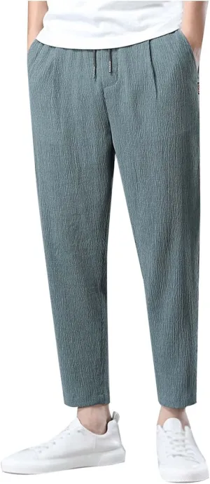 PTOLOCIF Men's Linen Pants Loose Fit Dressy Pant Elastic Drawstring Waist Pants Straight-Legs Summer Yoga Beach Long Trousers