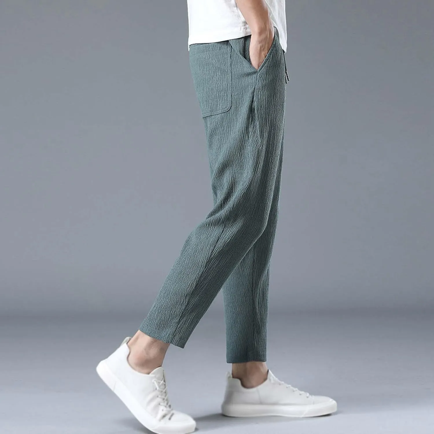 PTOLOCIF Men's Linen Pants Loose Fit Dressy Pant Elastic Drawstring Waist Pants Straight-Legs Summer Yoga Beach Long Trousers