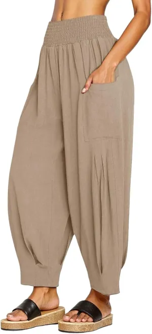 PTOLOCIF Womens Cotton Linen Pants Summer Drawstring Waist Pants Wide Leg Loose Cotton Linen Palazzo Trousers with Pockets