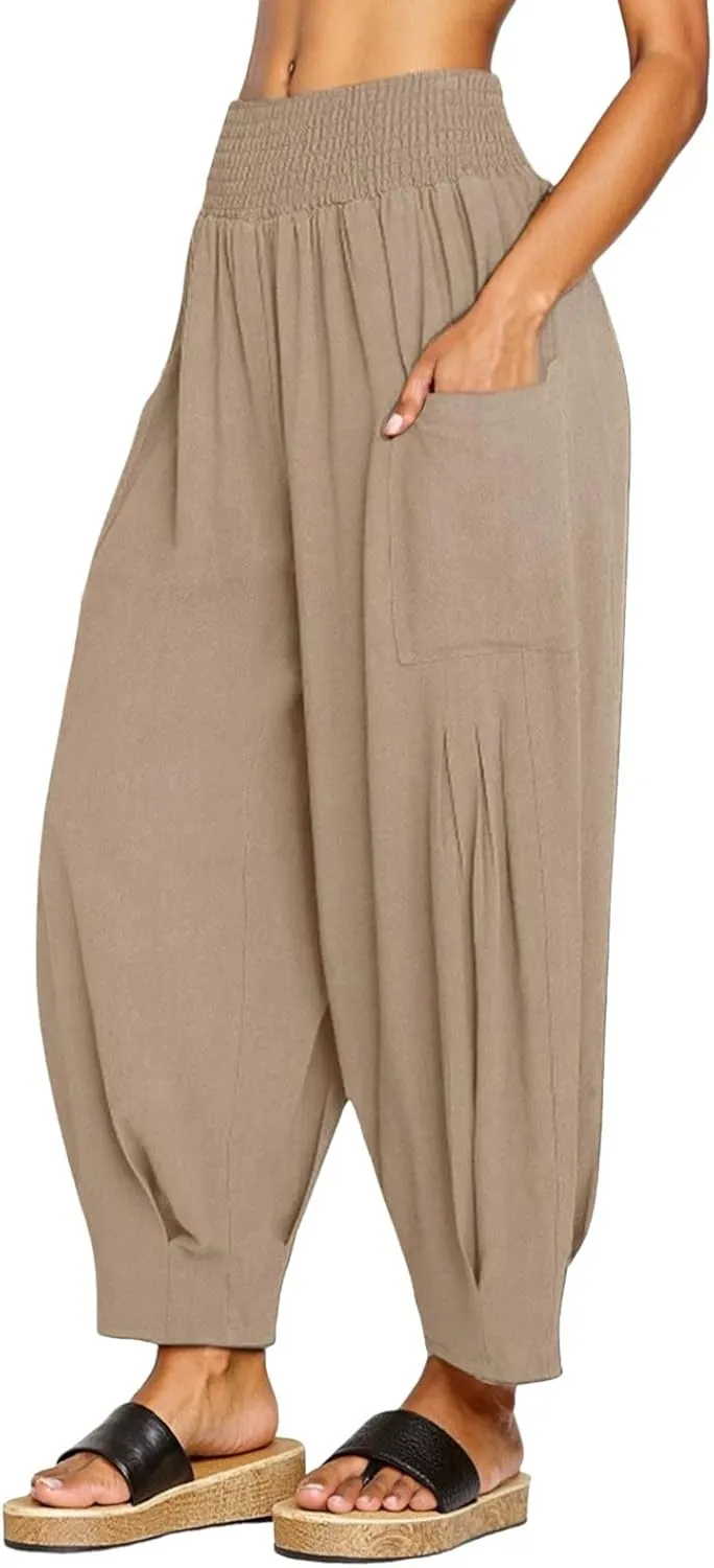 PTOLOCIF Womens Cotton Linen Pants Summer Drawstring Waist Pants Wide Leg Loose Cotton Linen Palazzo Trousers with Pockets