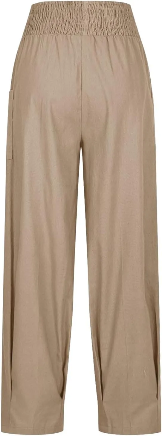 PTOLOCIF Womens Cotton Linen Pants Summer Drawstring Waist Pants Wide Leg Loose Cotton Linen Palazzo Trousers with Pockets