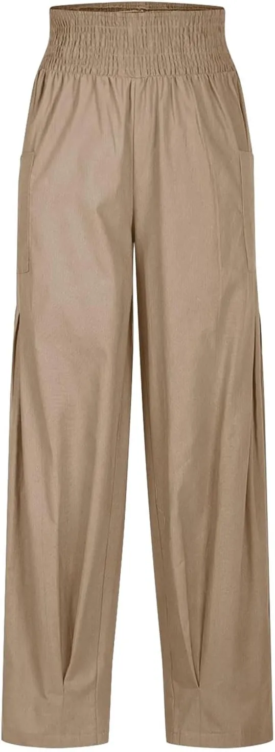PTOLOCIF Womens Cotton Linen Pants Summer Drawstring Waist Pants Wide Leg Loose Cotton Linen Palazzo Trousers with Pockets