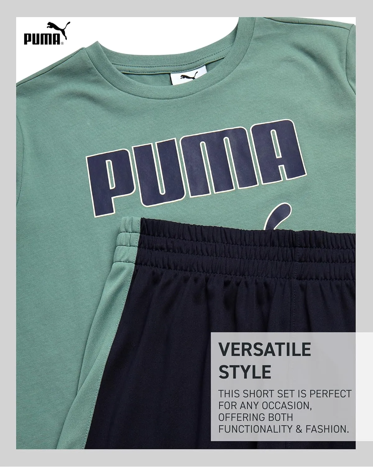PUMA Boys' Short Set - 2 Piece Short Sleeve Crewneck Performance Graphic Tees and Athletic Mesh Shorts for Boys (Sizes: 4-16)