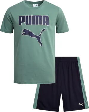 PUMA Boys' Short Set - 2 Piece Short Sleeve Crewneck Performance Graphic Tees and Athletic Mesh Shorts for Boys (Sizes: 4-16)