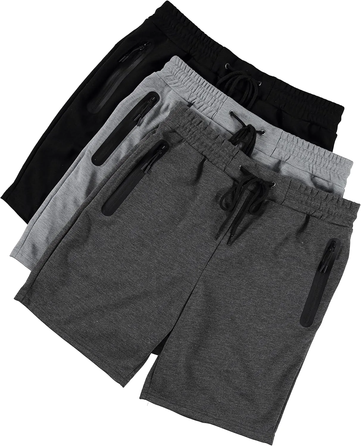 PURE CHAMP Mens 3 Pk French Terry Cotton Casual Gym Shorts for Men Athletic Workout Training Sweat Shorts with Zipper Pocket