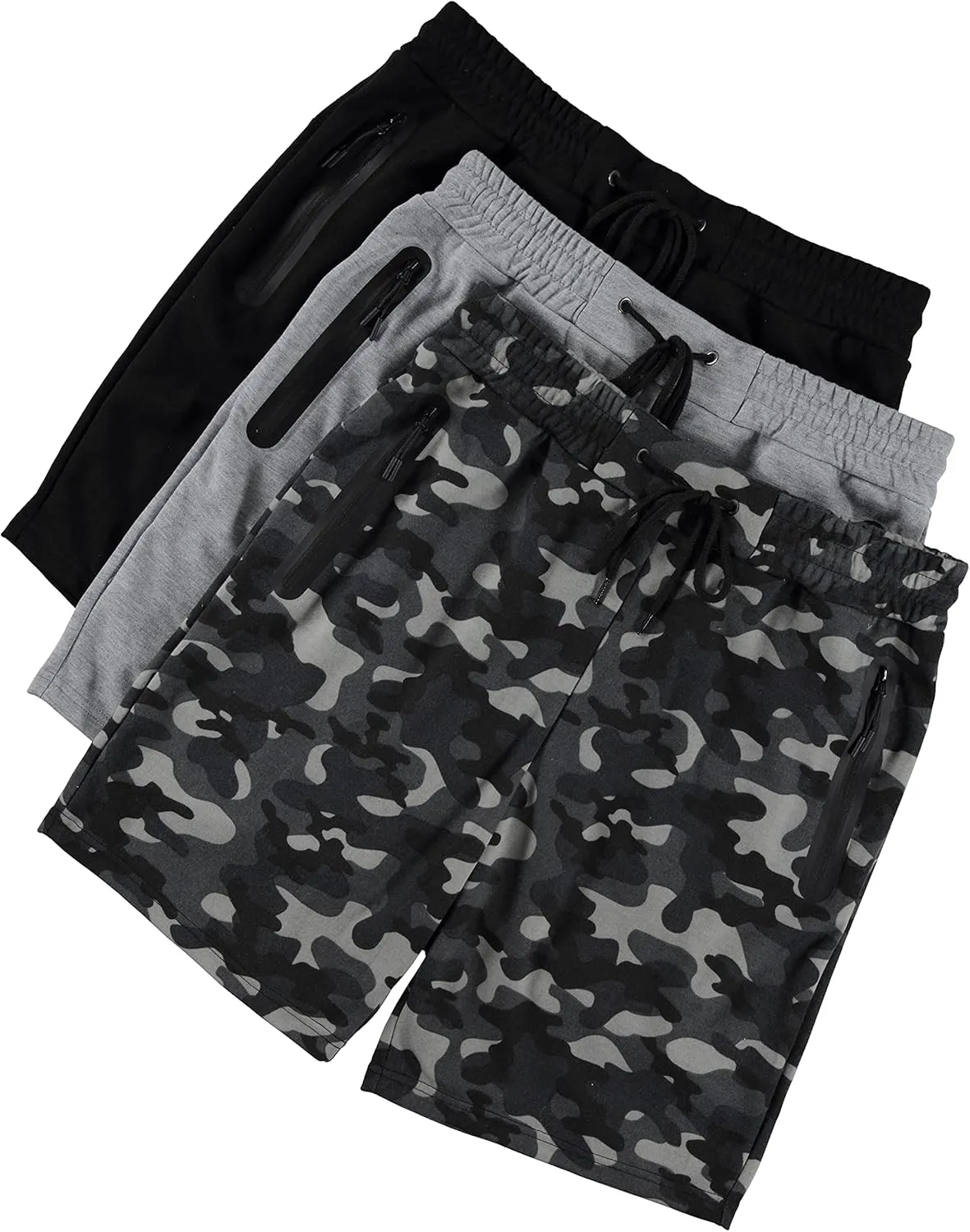 PURE CHAMP Mens 3 Pk French Terry Cotton Casual Gym Shorts for Men Athletic Workout Training Sweat Shorts with Zipper Pocket