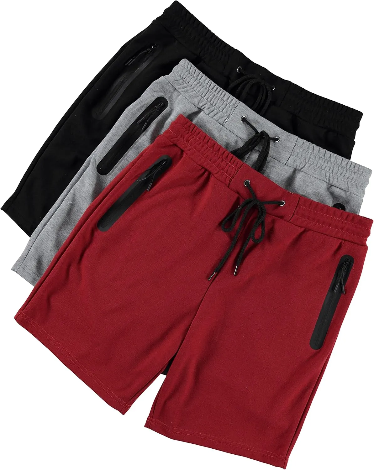 PURE CHAMP Mens 3 Pk French Terry Cotton Casual Gym Shorts for Men Athletic Workout Training Sweat Shorts with Zipper Pocket