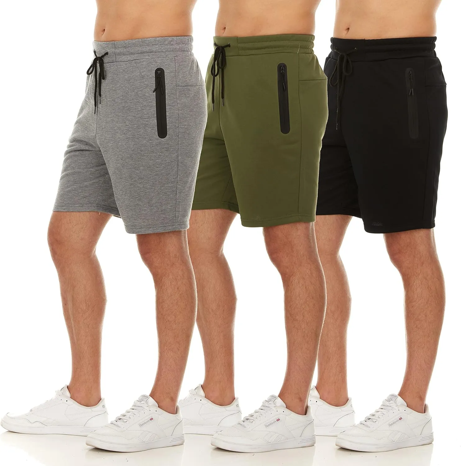 PURE CHAMP Mens 3 Pk French Terry Cotton Casual Gym Shorts for Men Athletic Workout Training Sweat Shorts with Zipper Pocket
