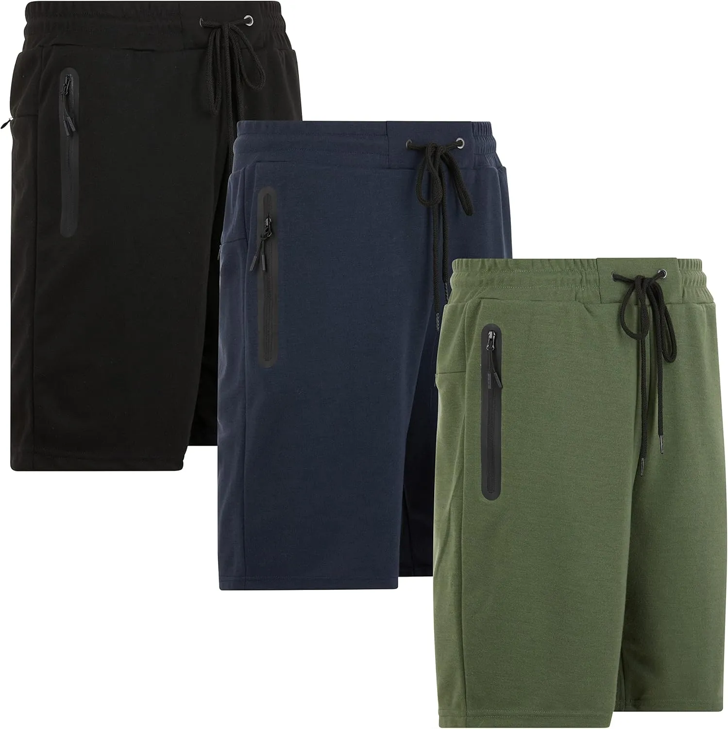 PURE CHAMP Mens 3 Pk French Terry Cotton Casual Gym Shorts for Men Athletic Workout Training Sweat Shorts with Zipper Pocket