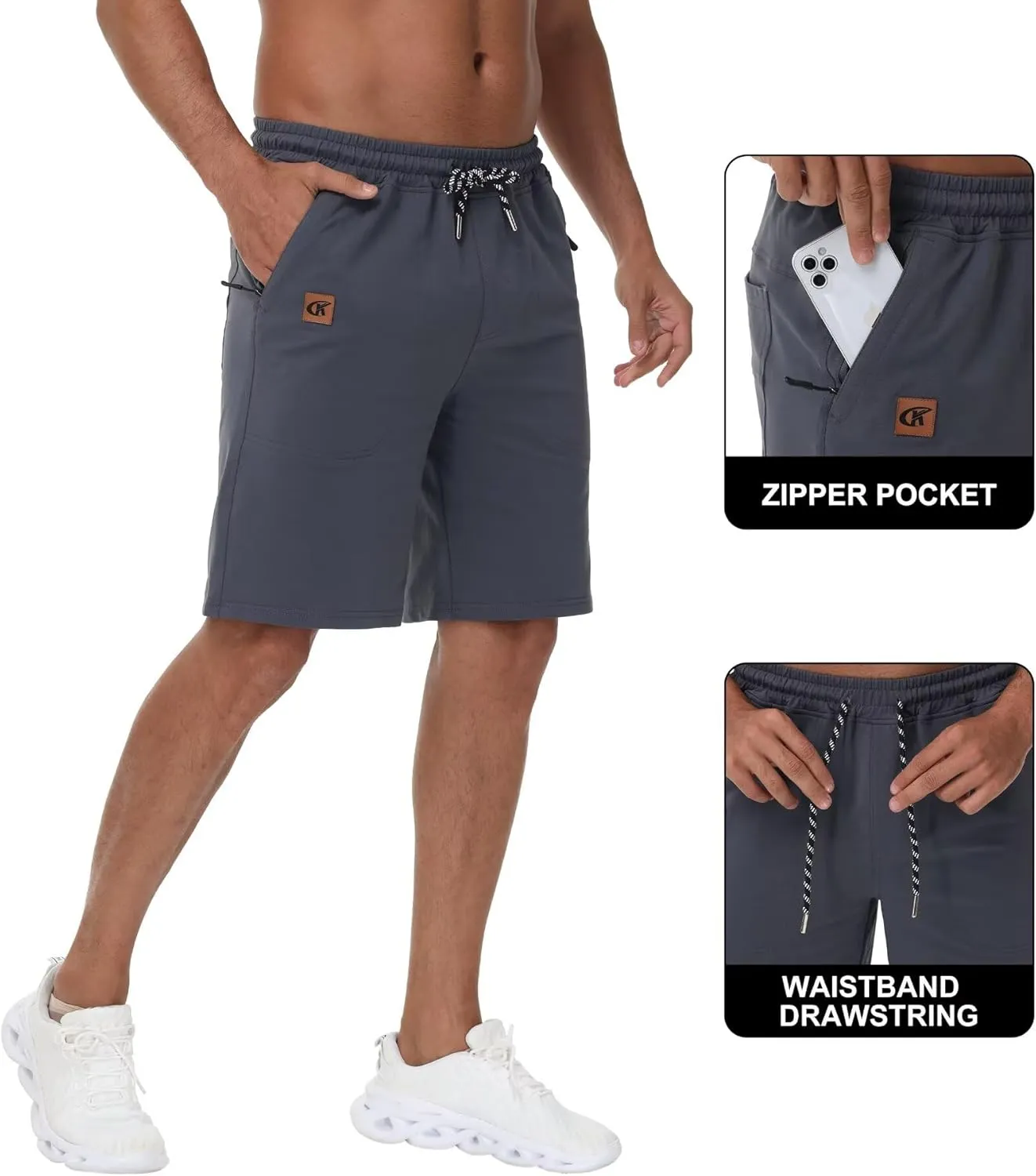 QPNGRP Men's 9" Inseam Zipper Pocket Stretch Shorts