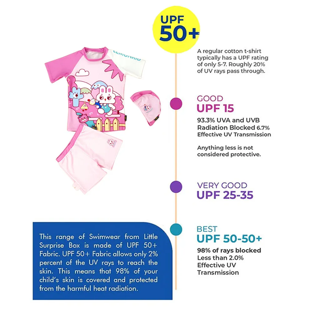 Rabbit Print T-Shirt & Shorts Swimwear- 2 pcs (UPF 50 &A) and Swim Cap - Baby Pink