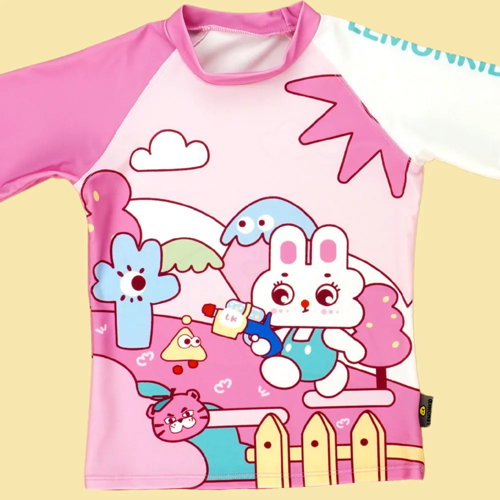 Rabbit Print T-Shirt & Shorts Swimwear- 2 pcs (UPF 50 &A) and Swim Cap - Baby Pink