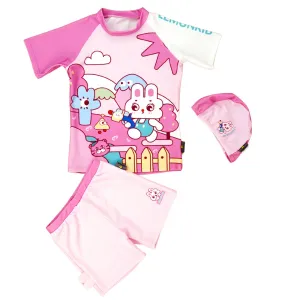 Rabbit Print T-Shirt & Shorts Swimwear- 2 pcs (UPF 50 &A) and Swim Cap - Baby Pink