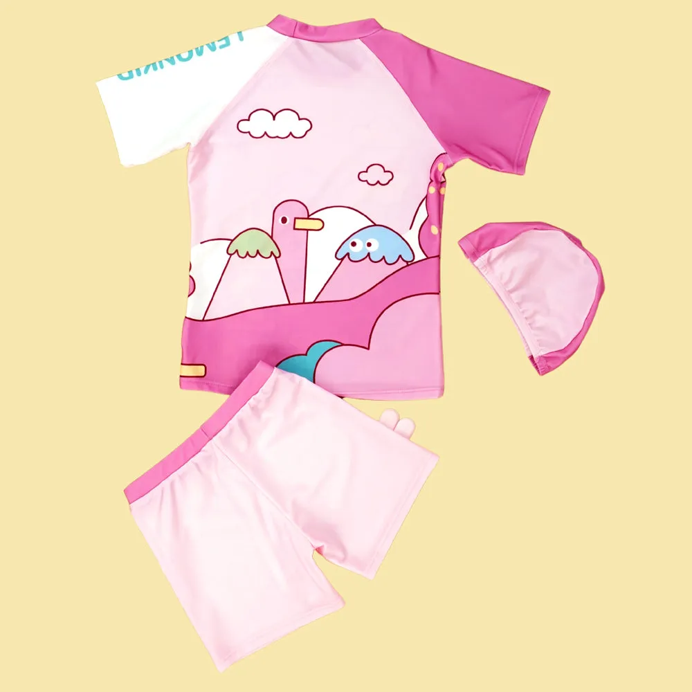Rabbit Print T-Shirt & Shorts Swimwear- 2 pcs (UPF 50 &A) and Swim Cap - Baby Pink