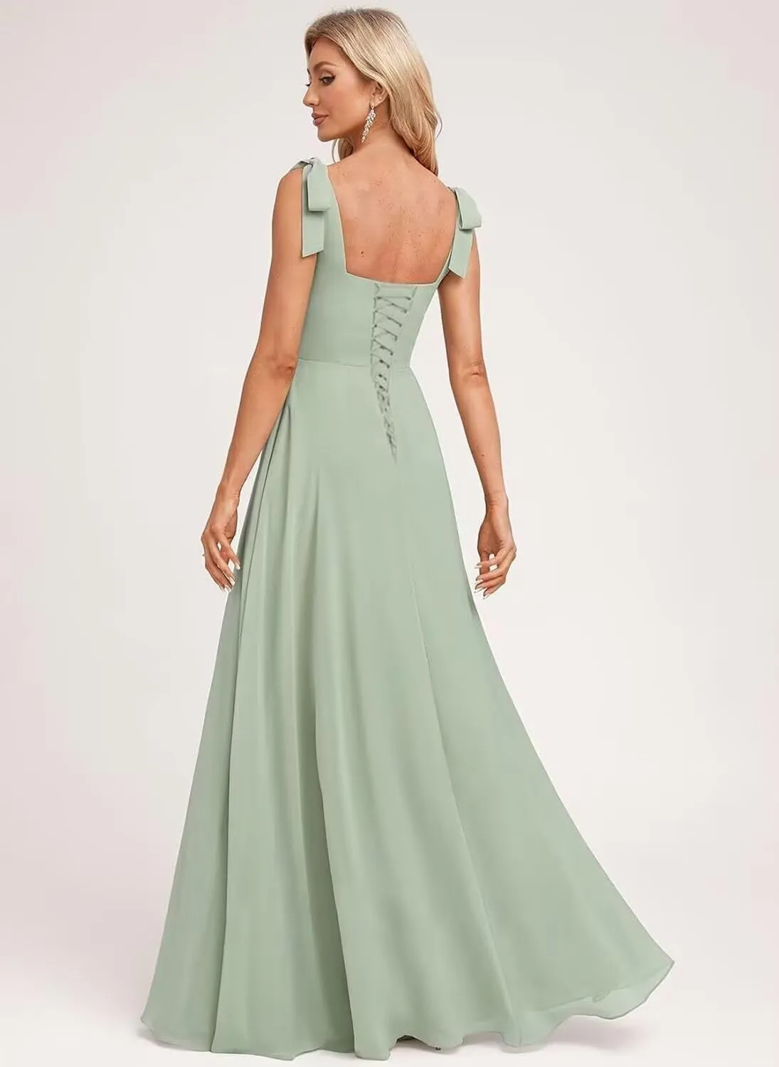 Raseal Chiffon Sleeveless Spaghetti Straps with Bowknot Bridesmaid Dress Square Neck Long A Line Prom Dress for Women RS166