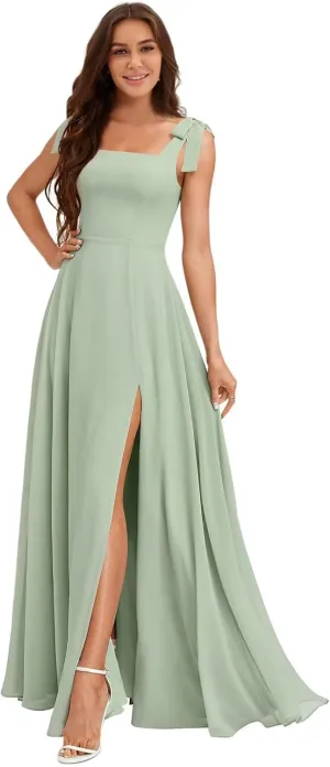 Raseal Chiffon Sleeveless Spaghetti Straps with Bowknot Bridesmaid Dress Square Neck Long A Line Prom Dress for Women RS166