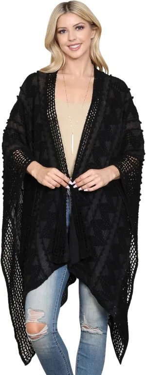 RIAH FASHION Bohemian Sequin Glitter Shawl Wrap Poncho - Kimono Cardigan, Sparkly Metallic Mesh Scarf, Open Knit Crochet