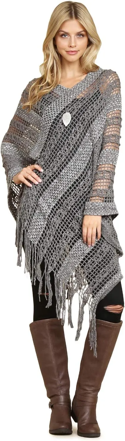 RIAH FASHION Bohemian Sequin Glitter Shawl Wrap Poncho - Kimono Cardigan, Sparkly Metallic Mesh Scarf, Open Knit Crochet