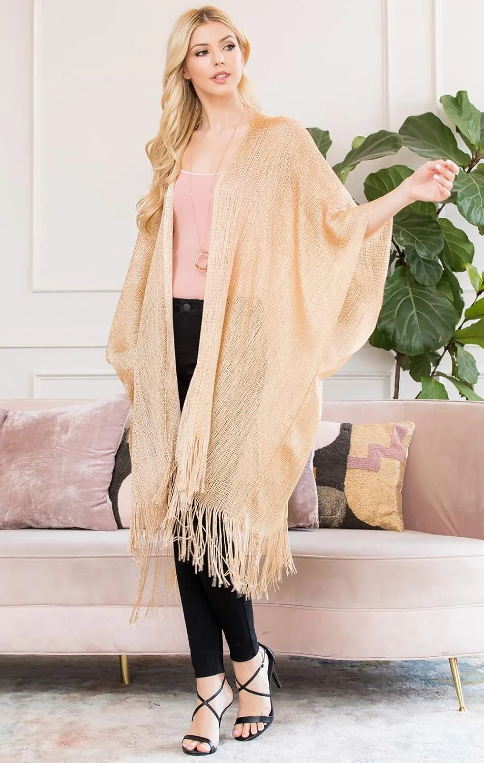 RIAH FASHION Bohemian Sequin Glitter Shawl Wrap Poncho - Kimono Cardigan, Sparkly Metallic Mesh Scarf, Open Knit Crochet
