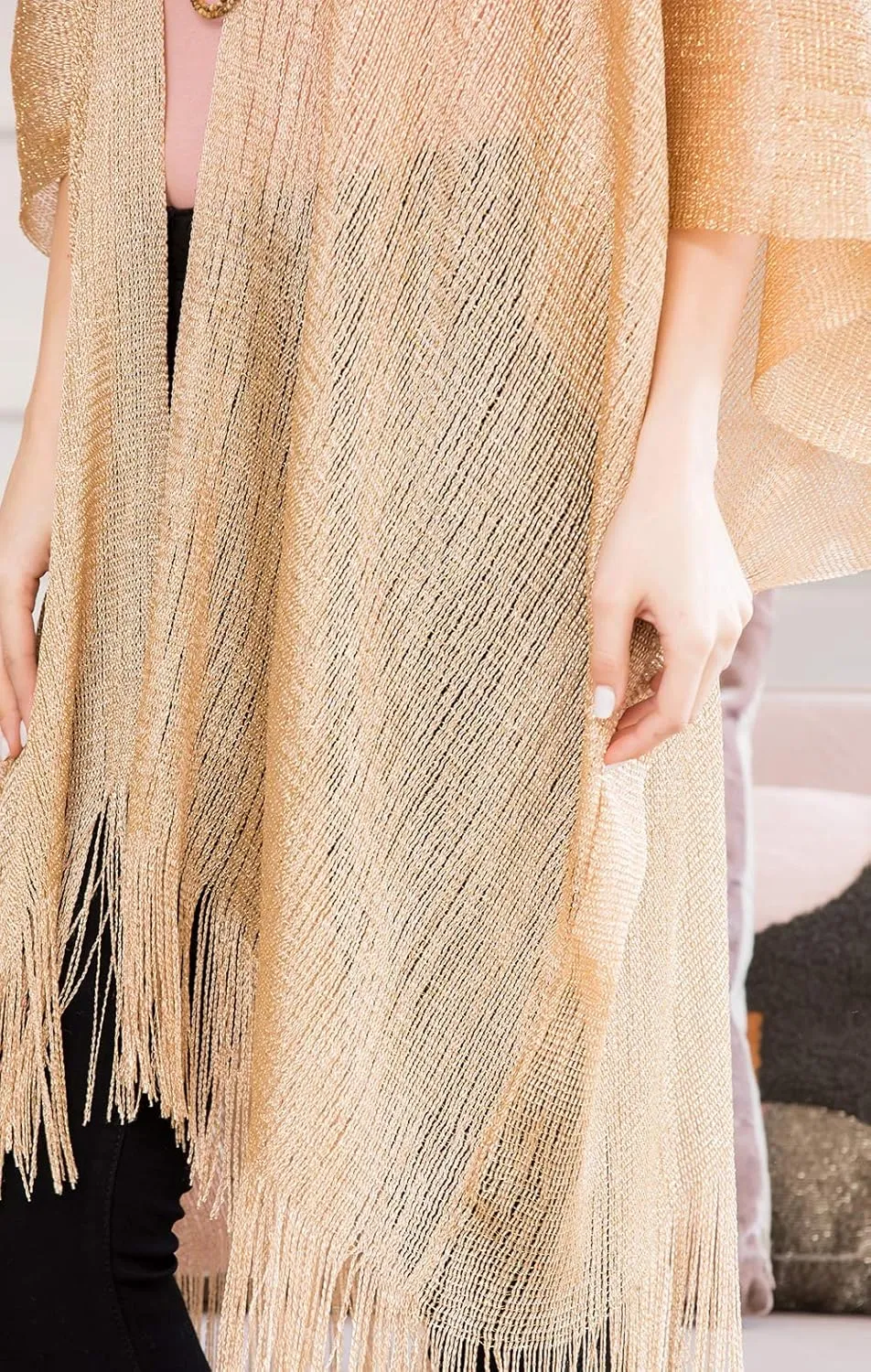 RIAH FASHION Bohemian Sequin Glitter Shawl Wrap Poncho - Kimono Cardigan, Sparkly Metallic Mesh Scarf, Open Knit Crochet
