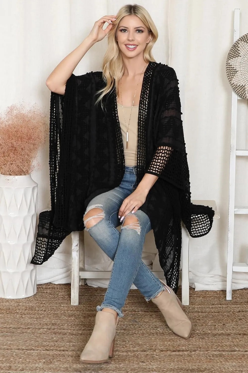 RIAH FASHION Bohemian Sequin Glitter Shawl Wrap Poncho - Kimono Cardigan, Sparkly Metallic Mesh Scarf, Open Knit Crochet