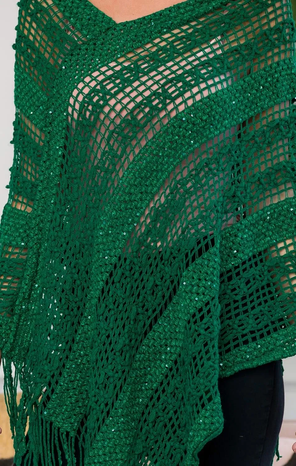 RIAH FASHION Bohemian Sequin Glitter Shawl Wrap Poncho - Kimono Cardigan, Sparkly Metallic Mesh Scarf, Open Knit Crochet