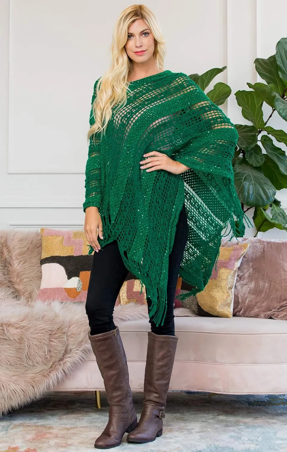 RIAH FASHION Bohemian Sequin Glitter Shawl Wrap Poncho - Kimono Cardigan, Sparkly Metallic Mesh Scarf, Open Knit Crochet